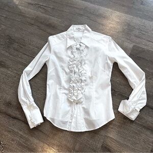 Difference Paris Design Ruffle Front White Long Sleeve Button Up Sz 2
